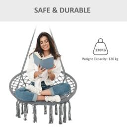 Rackhams Outdoor Cotton-Polyester Blend Macrame Hanging Rope Chair with Cushion, Portable Garden Chair with Fringe Tassels for Patio, Deck, Tree, Grey - thumbnail 6