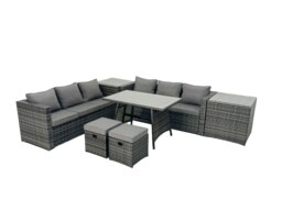 Rackhams Rattan Dining Table Sofa Set with 2 Side Tables Small Footstool Outdoor Garden Furniture Set Dark Grey Mixed - thumbnail 1