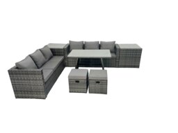 Rackhams Rattan Dining Table Sofa Set with 2 Side Tables Small Footstool Outdoor Garden Furniture Set Dark Grey Mixed - thumbnail 2