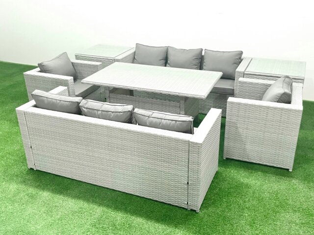 Rackhams Rattan Garden Furniture Set Outdoor 8 Seater Patio Dinin g Sofa Sets with Dining Table 2 Chairs 2 Side Tables Light Grey Mixed - image 1
