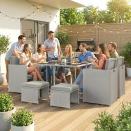 Rackhams 8 Seater Cube Rattan Garden Dining Set with Cushions, Light Grey - thumbnail 1
