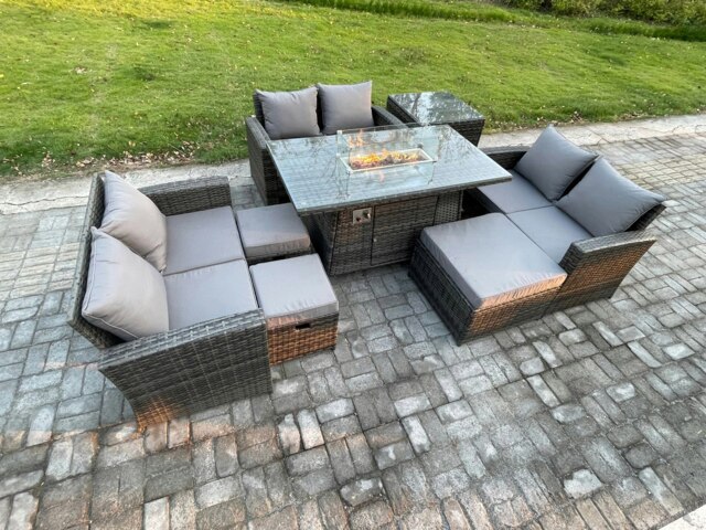 Rackhams High Back Rattan Garden Furniture Sofa Sets with Outdoor Furniture Gas Fire Pit Dining Table Set 3 Footstools Side Table Dark Grey Mixed - image 1