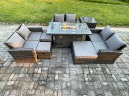 Rackhams High Back Rattan Garden Furniture Sofa Sets with Outdoor Furniture Gas Fire Pit Dining Table Set 3 Footstools Side Table Dark Grey Mixed - thumbnail 2