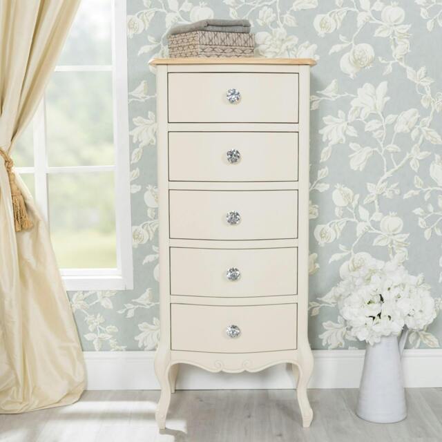 Rackhams Juliette Tallboy 5 Drawer with Crystal Handles French Style Bedroom Chest - Champagne, Cream - image 1