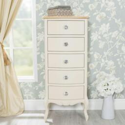Rackhams Juliette Tallboy 5 Drawer with Crystal Handles French Style Bedroom Chest - Champagne, Cream