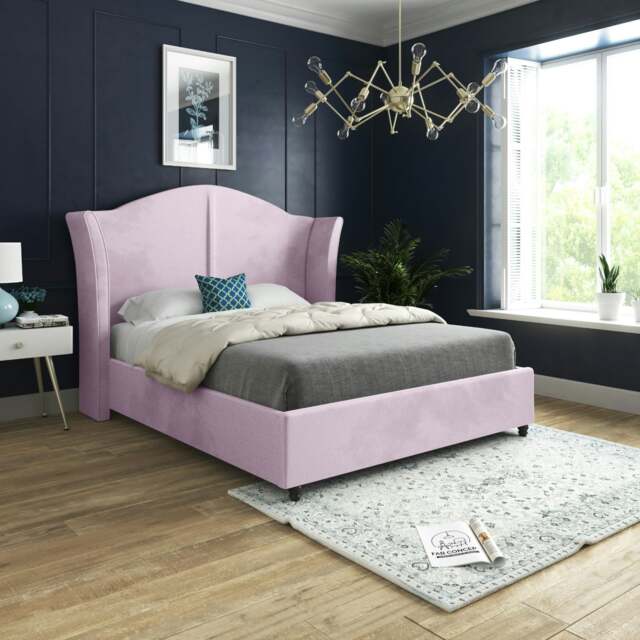 Rackhams Zampa Curved Top Curved Winged Upholstered Soft Velvet Bed Frame - Pink - Pink - King - image 1