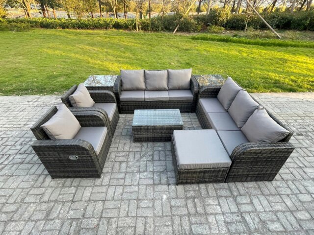 Rackhams Rattan Outdoor Garden Furniture Sofa Set Patio Table & Chairs Set with 3 Seater Sofa Reclining Chair 2 Side Table Big Footstool Dark Grey Mixed - image 1