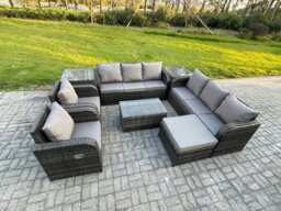Rackhams Rattan Outdoor Garden Furniture Sofa Set Patio Table & Chairs Set with 3 Seater Sofa Reclining Chair 2 Side Table Big Footstool Dark Grey Mixed - thumbnail 2