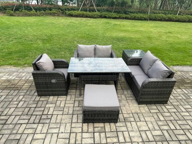 Rackhams Lounge Rattan Sofa Set Outdoor Garden Furniture Oblong Rectangular Dining Table With Chairs Big Footstool Side Table Dark Grey Mixed - image 1