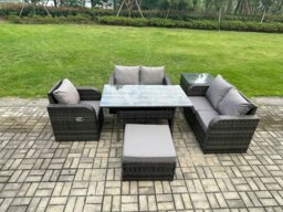 Rackhams Lounge Rattan Sofa Set Outdoor Garden Furniture Oblong Rectangular Dining Table With Chairs Big Footstool Side Table Dark Grey Mixed - thumbnail 1