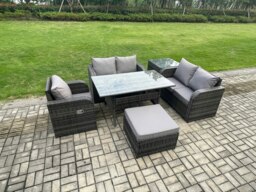 Rackhams Lounge Rattan Sofa Set Outdoor Garden Furniture Oblong Rectangular Dining Table With Chairs Big Footstool Side Table Dark Grey Mixed - thumbnail 2
