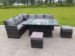 Rackhams High Back Corner Rattan Garden Furniture Sofa Gas Fire Pit Gas Heater Dining Table Sets 8 Seater 2 Small Footstools - thumbnail 2