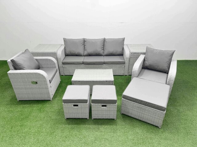 Rackhams PE Rattan Garden Furniture Set Reclining Chair Sofa Lounge Sofa Set Oblong Coffee Table 2 Side Table 3 Stools Light Grey - image 1