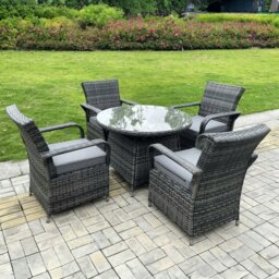 Rackhams 4 Seater Rattan Garden Furniture Dining Set with Round Clear Glass Table & 4 Wicker Chairs