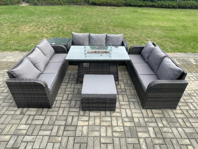 Rackhams Rattan Furniture Garden Dining Set Gas Fire Pit Table With Side Table 3 Seater Sofa Footstool Dark Grey Mixed - image 1