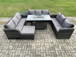 Rackhams Rattan Furniture Garden Dining Set Gas Fire Pit Table With Side Table 3 Seater Sofa Footstool Dark Grey Mixed - thumbnail 2