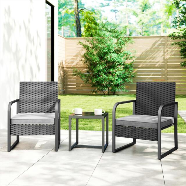 Rackhams Rattan Bistro Set, 3 Piece Garden Furniture Set Cushions, Black - image 1