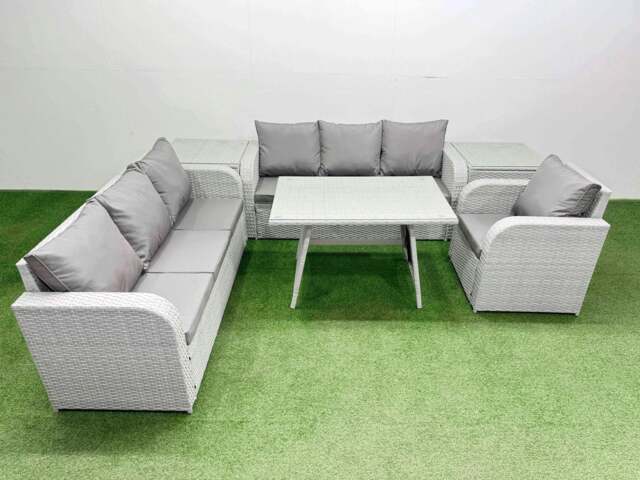 Rackhams 6 Pieces Outdoor PE Rattan Garden Furniture with Cushions Reclining Chair 2 Side Tables Light Grey - image 1