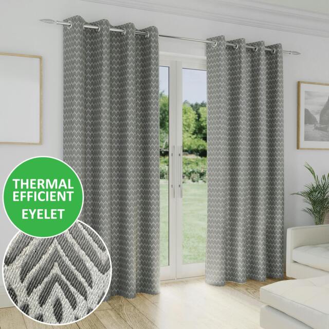 "Rackhams Grey Geometric Leaf Pattern Room Darkening Thermal Energy Saving Pair of Curtains with Eyelet Header For Living Room & Bedrooms - 46"" (117cm) Width x 54"" (137cm) Drop" - image 1