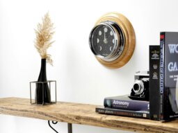 Rackhams Handmade Prestige Moon Phase Clock in Chrome on an English Light Oak Wall Mount