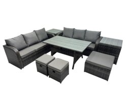 Rackhams 9 Seat Outdoor Wicker PE Rattan Garden Furniture Set Dining Table Sofa Set with 2 Side Tables 3 Stools Dark Grey Mixed - thumbnail 2