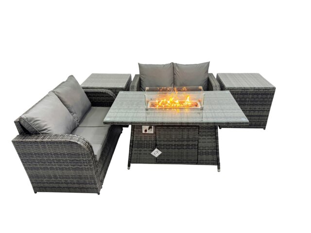 Rackhams 4 seater Patio Gas Firpit Dining Table Sofa Sets Rattan Garden Furniture Dining Set with 2 Side Tables Dark Grey Mixed - image 1