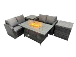 Rackhams 4 seater Patio Gas Firpit Dining Table Sofa Sets Rattan Garden Furniture Dining Set with 2 Side Tables Dark Grey Mixed - thumbnail 2