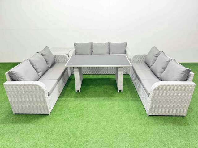 Rackhams Patio Garden Furniture Sets with Black Glass Top Dining Table 3 Seater Sofa Side Table Light Grey - image 1