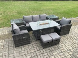Rackhams Wicker Rattan Garden Furniture Sofa Set Gas Fire Pit Dining Table Indoor Outdoor with 2 Side Table Chair Footstool - thumbnail 2