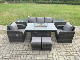 Rackhams Wicker Rattan Garden Furniture Sofa Set Gas Fire Pit Dining Table Indoor Outdoor with 2 Side Table Chair Footstool - thumbnail 1