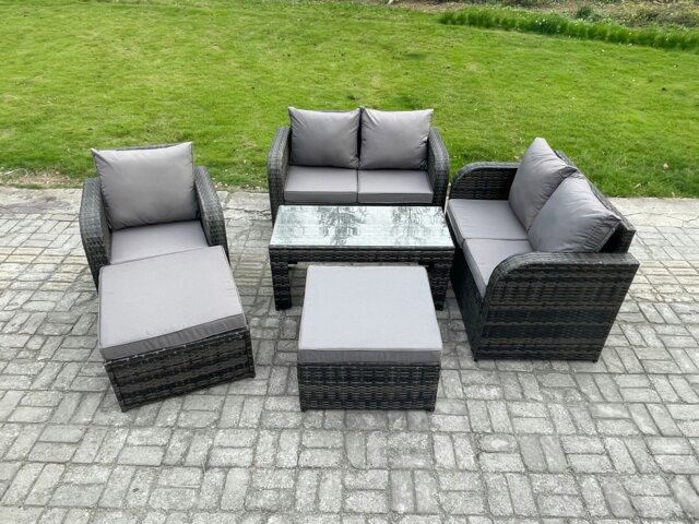 Rackhams 7 Seater Rattan Wicker Garden Furniture Patio Conservatory Sofa Set with Rectangular Coffee Table Reclining Chair Love Sofa 2 Big Footstool - image 1