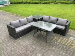 Rackhams 6 Seater Wicker PE Rattan Garden Dining Set Outdoor Furniture Sofa with Side Table Dining Table Dark Grey Mixed - thumbnail 2