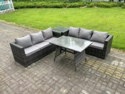 Rackhams 6 Seater Wicker PE Rattan Garden Dining Set Outdoor Furniture Sofa with Side Table Dining Table Dark Grey Mixed - thumbnail 1