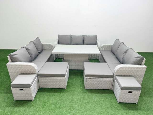 Rackhams 8 Pieces Garden Rising Dining Table High Back Inclining Sofa Set 2 Big Footstool 2 Small Stool Light Grey - image 1