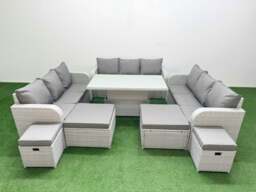 Rackhams 8 Pieces Garden Rising Dining Table High Back Inclining Sofa Set 2 Big Footstool 2 Small Stool Light Grey - thumbnail 1