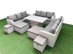 Rackhams 8 Pieces Garden Rising Dining Table High Back Inclining Sofa Set 2 Big Footstool 2 Small Stool Light Grey - thumbnail 2