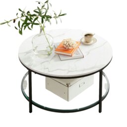 Rackhams White and Black Marble Coffee Table with Glass Storage Shelf