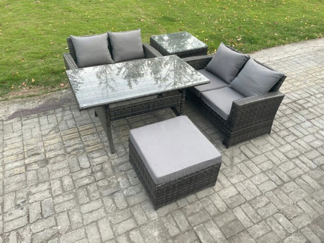 Rackhams PE Wicker Rattan Garden Furniture Set Love Sofa Outdoor Rectangular Dining Table Big Footstool Side Table Dark Grey Mixed - image 1