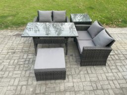Rackhams PE Wicker Rattan Garden Furniture Set Love Sofa Outdoor Rectangular Dining Table Big Footstool Side Table Dark Grey Mixed - thumbnail 2