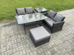 Rackhams PE Wicker Rattan Garden Furniture Set Love Sofa Outdoor Rectangular Dining Table Big Footstool Side Table Dark Grey Mixed - thumbnail 1