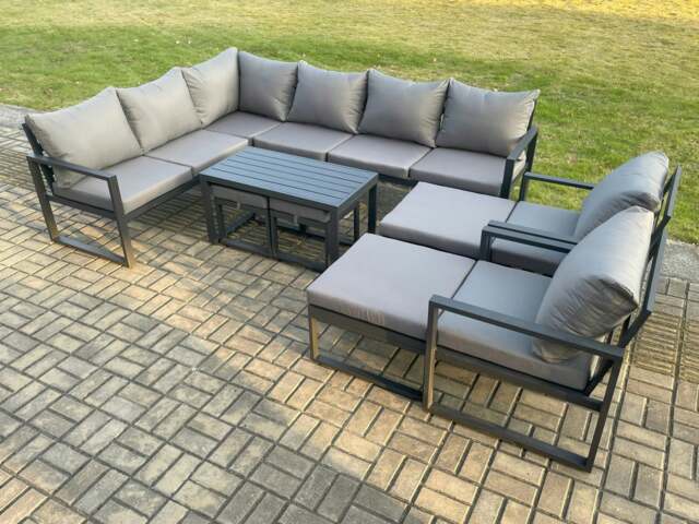 Rackhams Aluminium Outdoor Garden Furniture Set Patio Lounge Sofa with Oblong Coffee Table Chair 2 Small Footstools Big Footstool Dark Grey