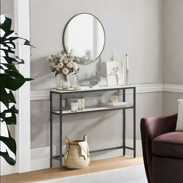 Rackhams Industrial Slim Console Table With 2 Shelves Marble Effect White - image 1