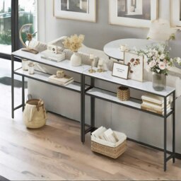 Rackhams Industrial Slim Console Table With 2 Shelves Marble Effect White - thumbnail 2
