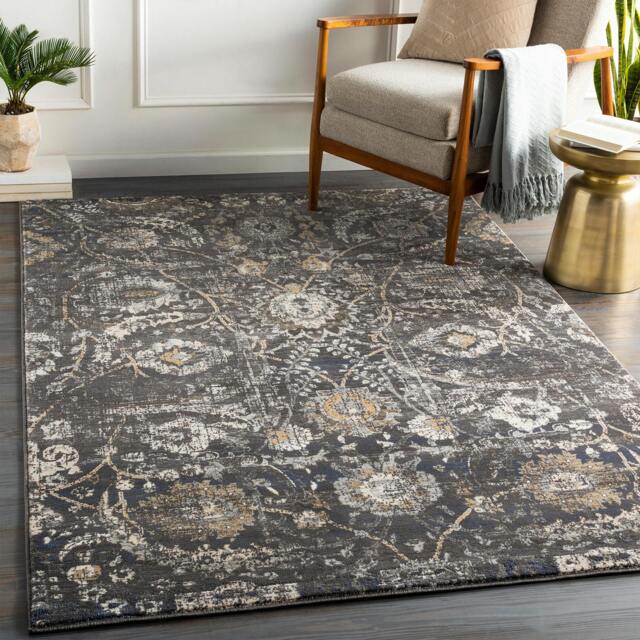 Rackhams Indigo-Vintage Black Grey Beige Traditional Floral Boho Rug - 130 x 170 cm - image 1