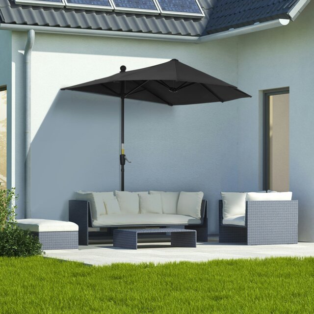 Rackhams 2m Half Parasol Market Umbrella Garden Balcony Parasol with Crank Handle, Cross Base, Double-Sided Canopy, Dark Grey - Black - 190cm x 200cm x 240cm - image 1
