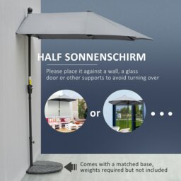 Rackhams 2m Half Parasol Market Umbrella Garden Balcony Parasol with Crank Handle, Cross Base, Double-Sided Canopy, Dark Grey - Black - 190cm x 200cm x 240cm - thumbnail 4