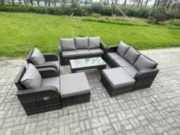 Rackhams Rattan Wicker Garden Furniture Patio Conservatory Sofa Set with Rectangular Coffee Table Reclining Chair 2 Big Footstool - thumbnail 1