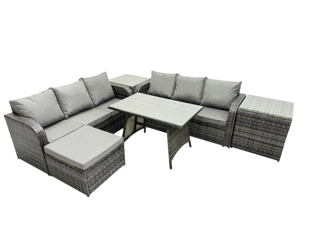 Rackhams Garden Rattan Outdoor Furniture Set 7 Seater with 3 Seater Sofa Big Stool 2 Side Table Dark Grey - image 1