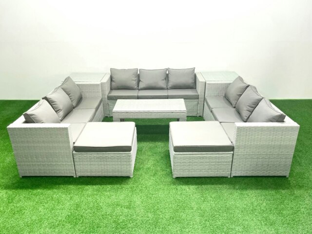 Rackhams Rattan Garden Outdoor Furniture Set 11 Seater Garden Sofa Oblong Coffee Table Set with 2 Big Footstools 2 Side Tables Light Grey Mixed - image 1