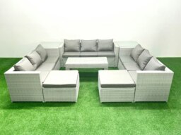 Rackhams Rattan Garden Outdoor Furniture Set 11 Seater Garden Sofa Oblong Coffee Table Set with 2 Big Footstools 2 Side Tables Light Grey Mixed - thumbnail 1